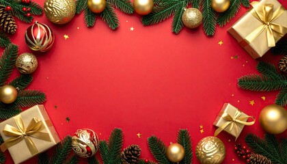 Festive Christmas Border Frame with Ornaments Gifts and Pine Branches.