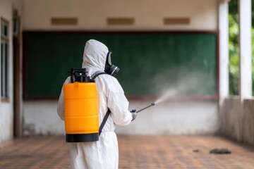 Hazard Biohazard Evacuation concept. Person in protective gear sprays disinfectant in an empty classroom.