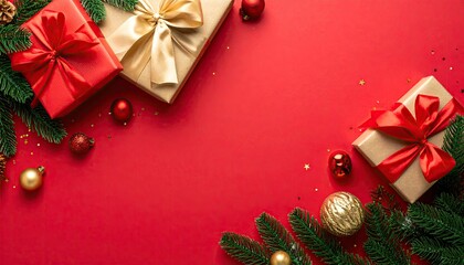 Festive Christmas Gifts and Decorations on a Red Background.