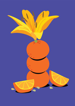 Orange Fruit Stack with Lily Flower. Fresh Tropical Fruit Decoration. Food Art Flat Illustration