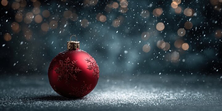 A red Christmas ornament on a blurred background with falling snowflakes and festive decorations creating a holiday concept atmosphere. High quality