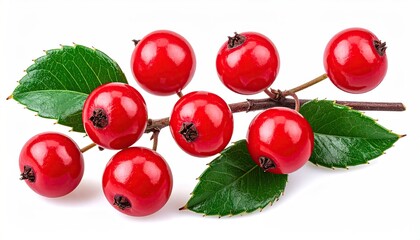 A close-up studio shot of a branch adorned with bright red berries and glossy green leaves on a white background.