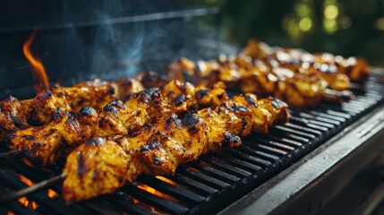Seasoned meat pieces cook over open flames on dark metal grates outdoors