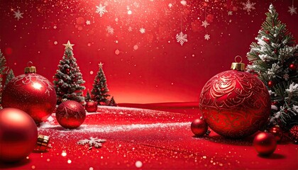 Festive Red Christmas Holiday Scene with Ornaments and Trees.