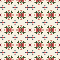 Scandinavian Folk Floral Seamless Pattern Red Green Beige