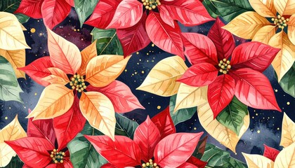 Watercolor Poinsettia Flowers Festive Holiday Floral Pattern.
