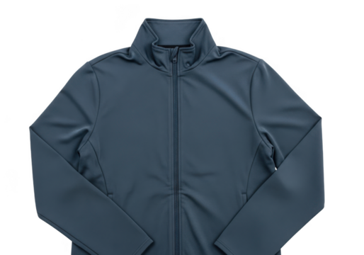 Close up of a dark blue or slate gray athletic full zip jacket or softshell outerwear isolated on transparent background