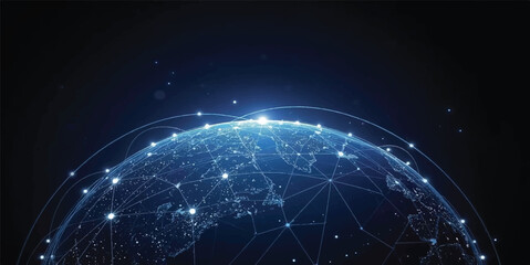 Global Network Connectivity: Digital Earth with Interconnected Data Points and Technology Web on a Dark Background