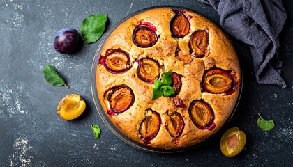 Delicious Plum Cake with Fresh Plums and Basil Leaves.