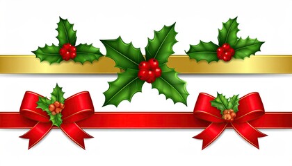 Festive Christmas decorations featuring holly leaves red berries and ribbons.