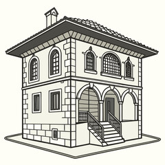 Traditional stone house with arched entryway and tiled roof