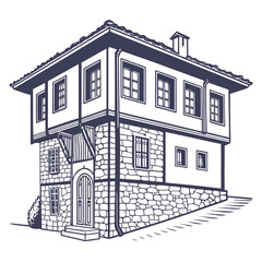 Traditional stone house with tiled roof and wooden elements