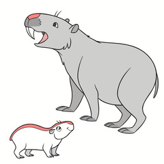 Two cartoon animals one large gray with tusks and one small white with pink stripe