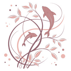 Two dolphins swimming around branches with leaves fish