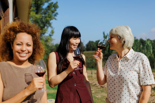 Female friends enjoying wine tasting in vineyard
