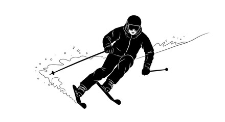 Black and White Illustration of a Skier Descending a Snowy Slope.