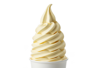 Delicious vanilla soft serve frozen yogurt dessert served in a white cup isolated on transparent background