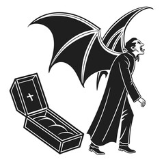 Vampire with bat wings and open coffin gothic