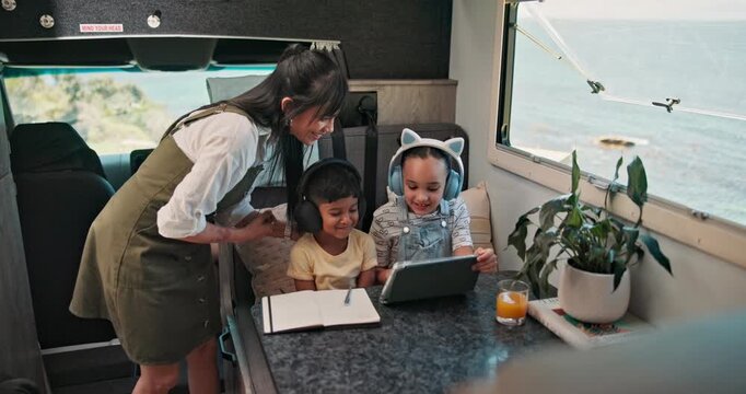 Mother, children and talking in camper van with tablet for ocean vacation, care and bonding together. People, mom and kids in caravan with tech for road trip, beach holiday and family connection.