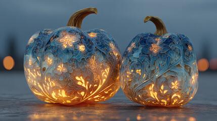 Enchanted squash with glowing carvings and chilling ambiance on white