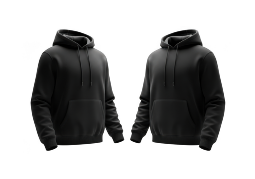 Two realistic 3d mockups of black pullover hoodies with front pocket and drawstring, isolated on transparent background - Powered by Adobe