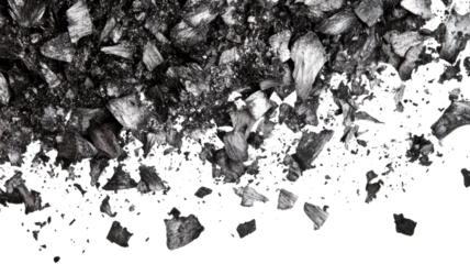 Cigarette ash scattered in small gray flaky particles showing burnt tobacco residue and delicate powdery texture isolated on white background