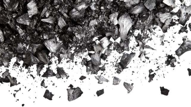 Cigarette ash scattered in small gray flaky particles showing burnt tobacco residue and delicate powdery texture isolated on white background