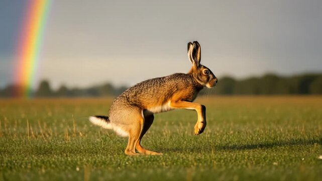 Hare on the Run: A Dynamic Sequence of a Brown Hare Leaping Across a Grassy Field under a Rainbow