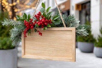 Blank wooden sign hanging with Christmas decor