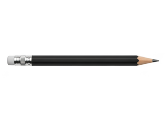 A single black wooden pencil with a metal ferrule and white eraser, isolated on transparent background