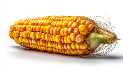 A close up studio shot of a single ear of corn with silk on a white background, isolated object