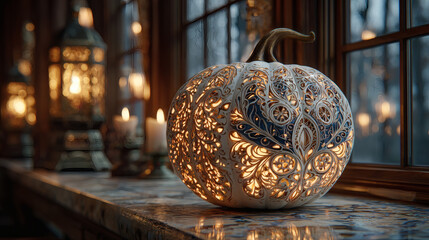 Enchanted squash with glowing carvings and chilling ambiance on white