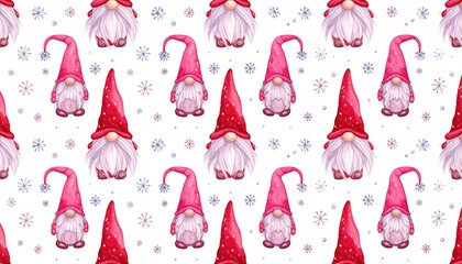 Charming Watercolor Gnomes and Snowflakes Seamless Pattern.