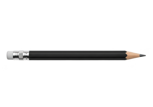 A single black wooden pencil with a metal ferrule and white eraser, isolated on transparent background