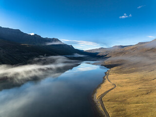 Aerial view of the scenery in a fjord of Iceland