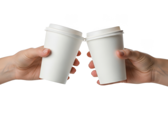 Two hands holding and clinking white disposable coffee cups together in a toast gesture, isolated on transparent background