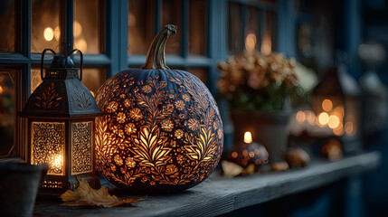Enchanted squash with glowing carvings and chilling ambiance on white