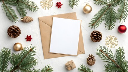 Christmas Greeting Card Mockup with Evergreen Branches and Festive Ornaments, Blank Card on Kraft Envelope