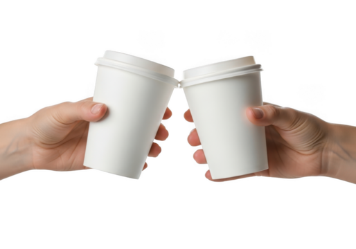 Two hands holding and clinking white disposable coffee cups together in a toast gesture, isolated on transparent background