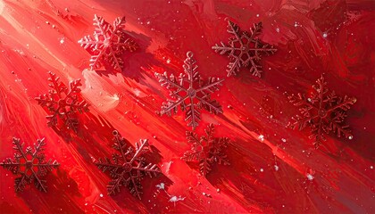 Beautiful Red Snowflake Ornaments Scattered on Textured Background.