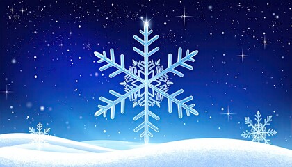 Enchanting large snowflake glowing against a deep blue starry winter night sky.