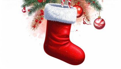 Festive red Christmas stocking with fur trim hanging from pine branch decorated with ornaments and berries.