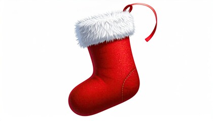 A festive red Christmas stocking with white fluffy trim and a red ribbon loop.