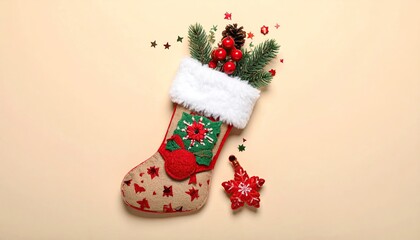 Festive Christmas stocking filled with holiday decorations and ornaments on a plain background.