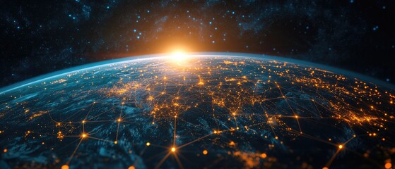 Globe with networks, bright sunrise