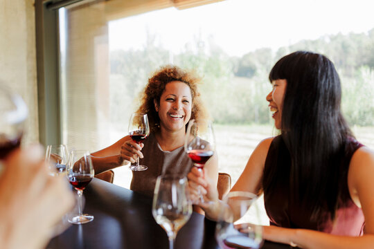 Diverse women friends enjoying red wine tasting at winery