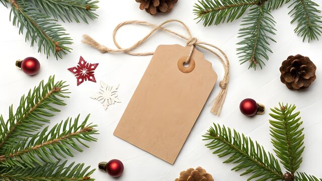 Rustic Christmas flat lay with a blank kraft paper gift tag, surrounded by fir branches, pinecones, and festive red ornaments on a white background