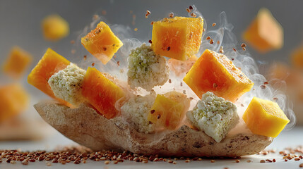 Ether-themed squash with levitated chunks and haze orb on white