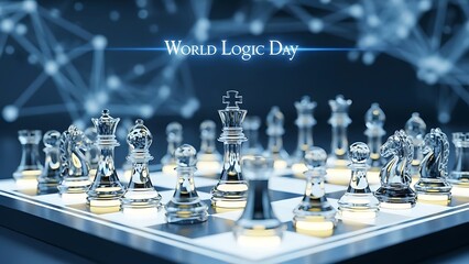 Crystal chess pieces on a board with world logic day text and a network background design above it