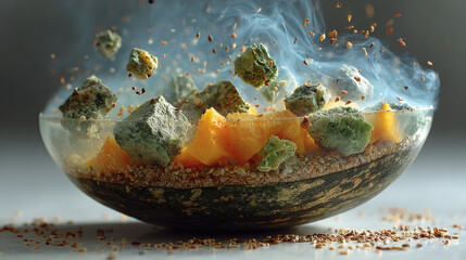 Ether-themed squash with levitated chunks and haze orb on white